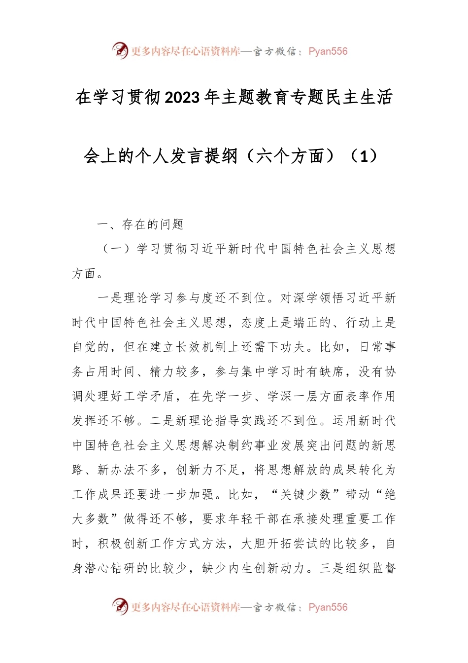在学习贯彻2023年主题教育专题民主生活会上的个人发言稿提纲（六个方面）（1）.docx_第1页