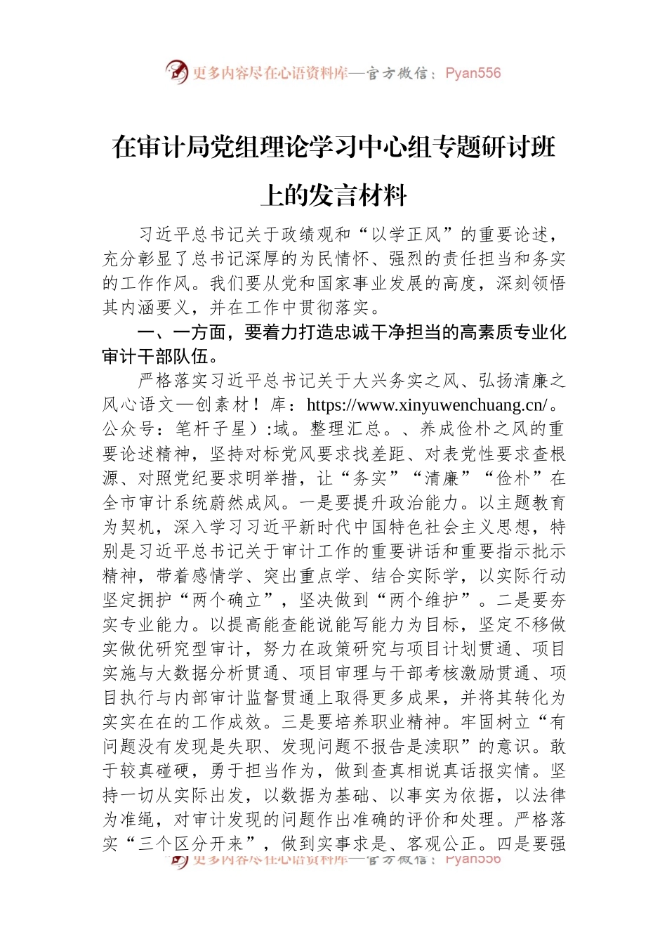 在审计局党组理论学习中心组专题研讨班上的发言材料.docx_第1页