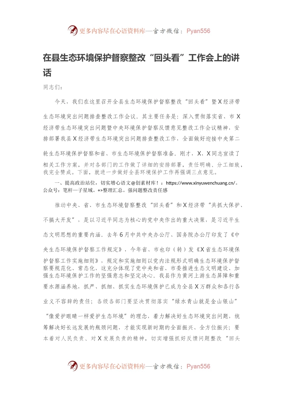 在县生态环境保护督察整改“回头看”工作会上的讲话.docx_第1页