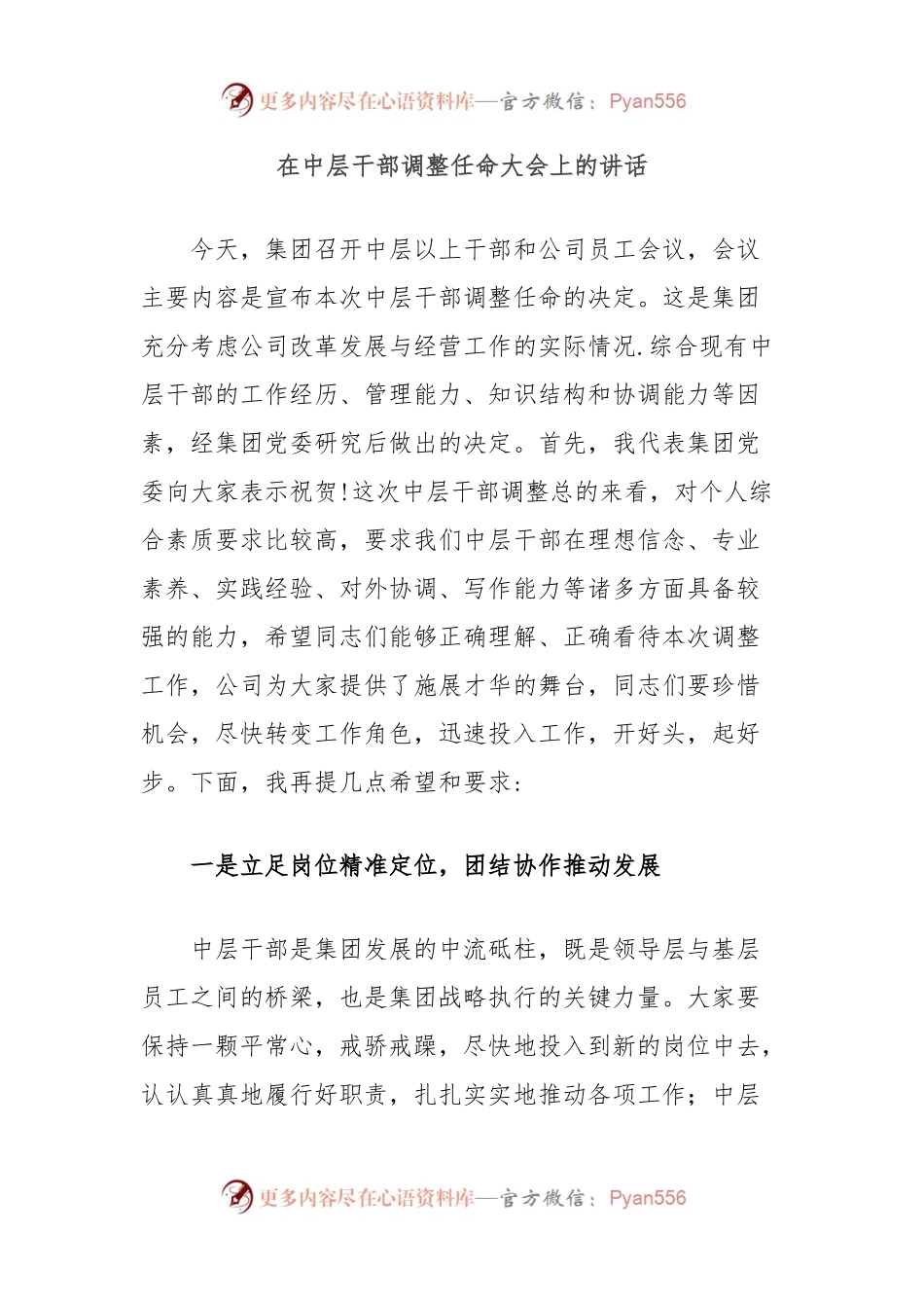 在中层干部调整任命大会上的讲话.docx_第1页