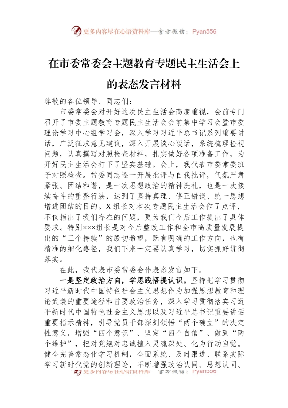 在市委常委会主题教育专题民主生活会上的表态发言稿材料.docx_第1页
