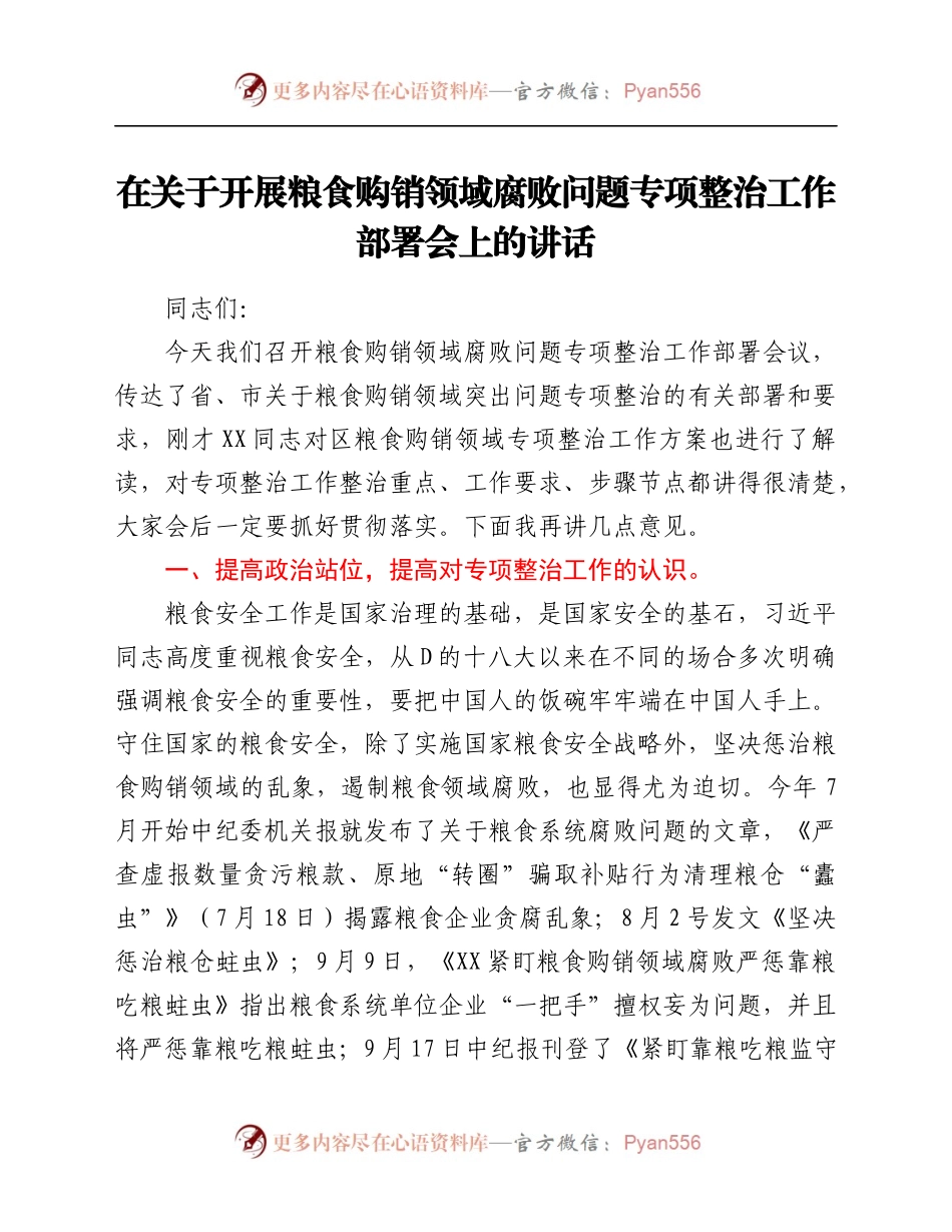 在关于开展粮食购销领域腐败问题专项整治工作部署会上的讲话.docx_第1页