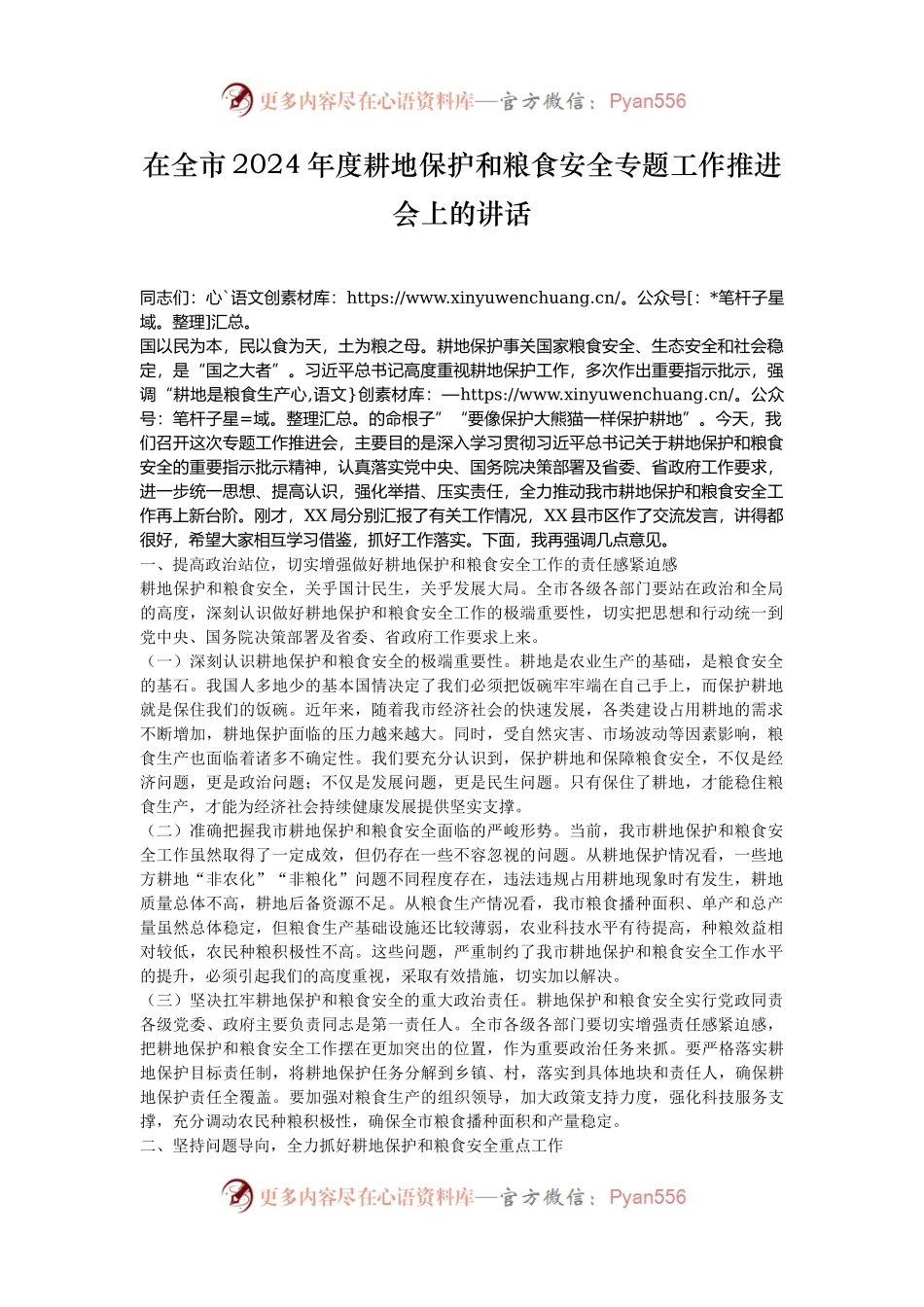 在全市2024年度耕地保护和粮食安全专题工作推进会上的讲话.docx_第1页