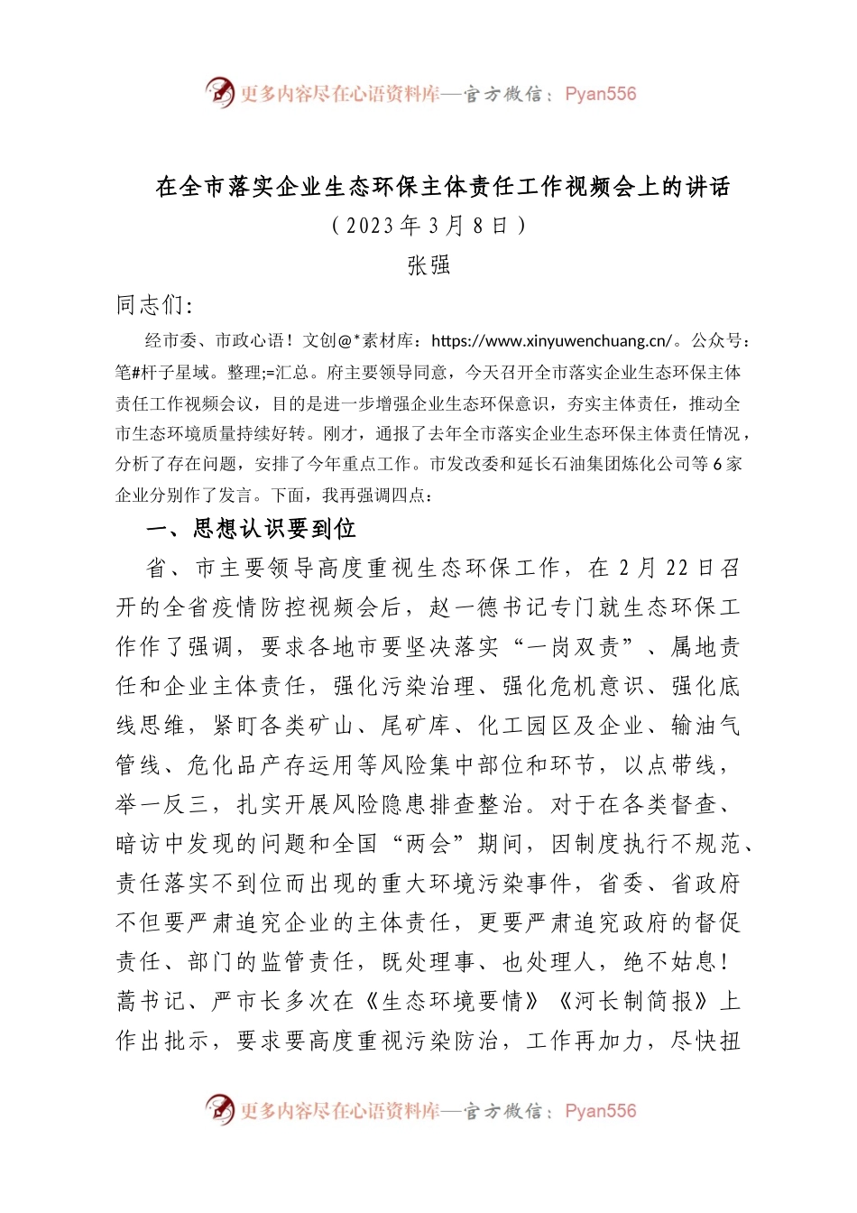 在全市落实企业生态环保主体责任工作视频会上的讲话.docx_第1页