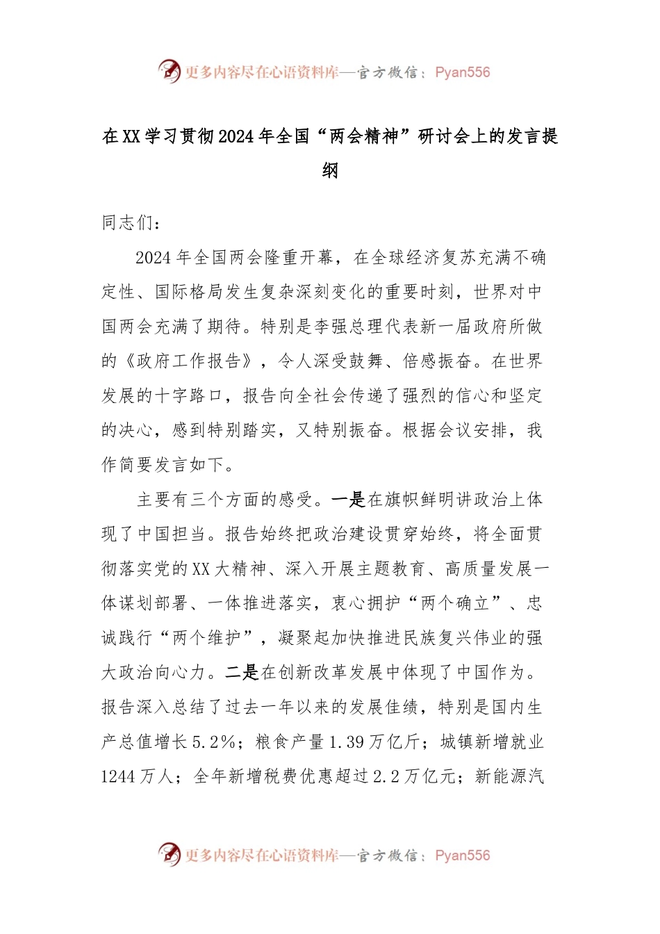 在XX学习贯彻2024年全国“两会精神”研讨会上的发言提纲.docx_第1页