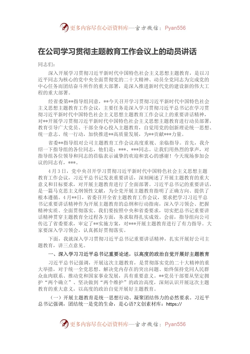 在公司学习贯彻主题教育工作会议上的动员讲话.docx_第1页