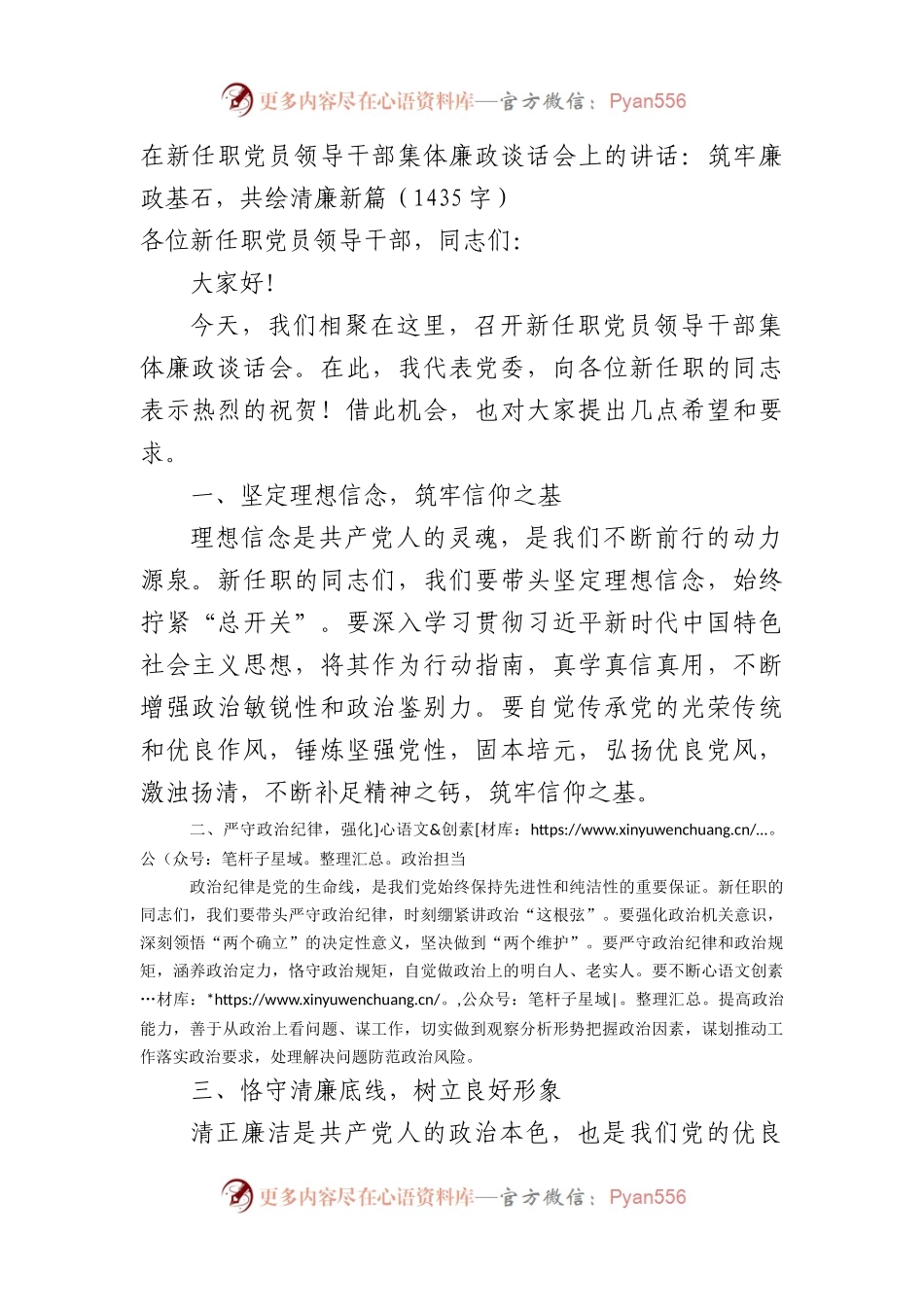 在新任职党员领导干部集体廉政谈话会上的讲话：筑牢廉政基石，共绘清廉新篇（1435字）.docx_第1页