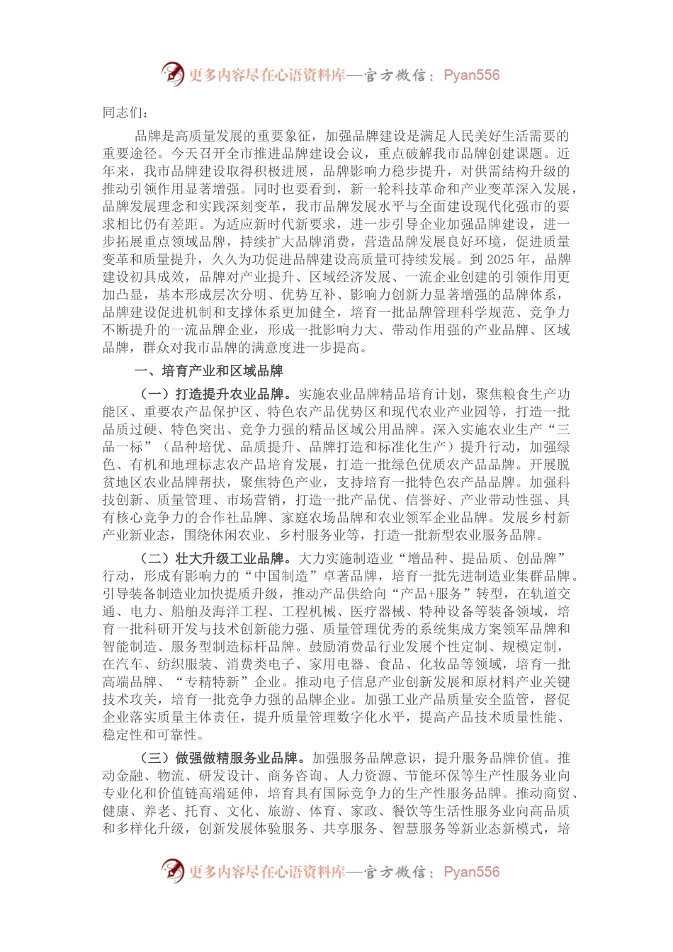 在全市推进品牌建设会议上讲话.docx_第1页