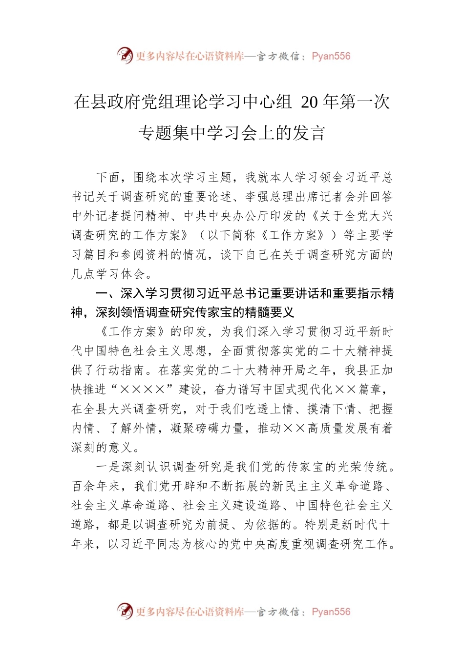 在县政府党组理论学习中心组20年第一次专题集中学习会上的发言.docx_第1页