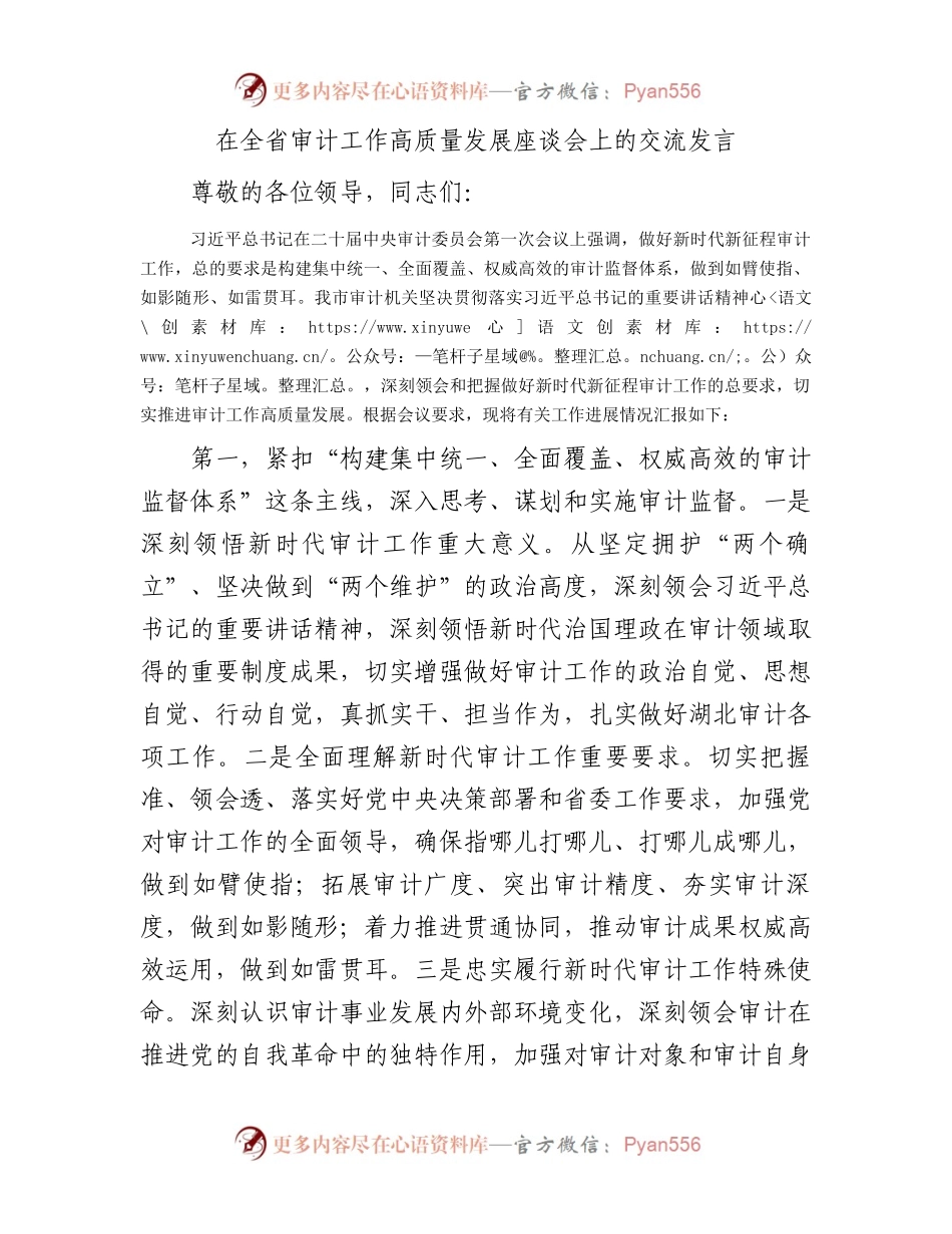 在全省审计工作高质量发展座谈会上的交流发言.docx_第1页