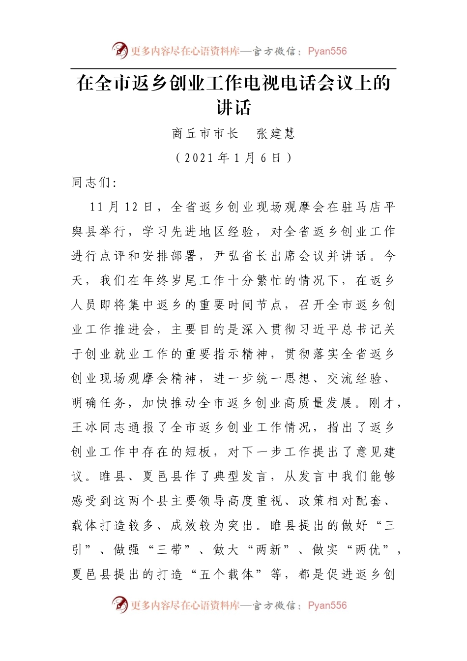 在全市返乡创业工作电视电话会议上的讲话.docx_第1页