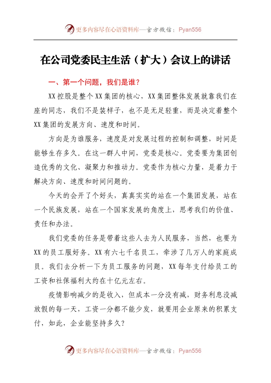 在公司党委民主生活（扩大）会议上的讲话..docx_第1页
