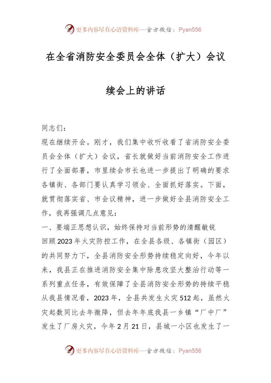 在全省消防安全委员会全体（扩大）会议续会上的讲话稿.docx_第1页