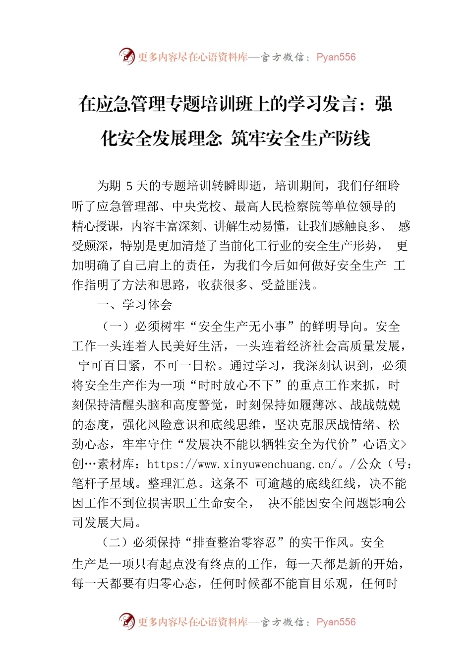 在应急管理专题培训班上的学习发言：强化安全发展理念 筑牢安全生产防线.docx_第1页