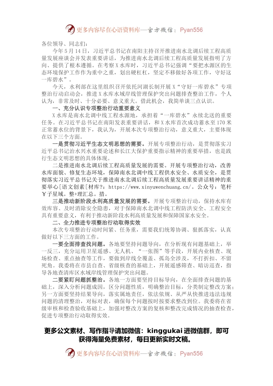 在依托河湖长制开展“守好一库碧水”专项整治行动启动会上的讲话.docx_第1页