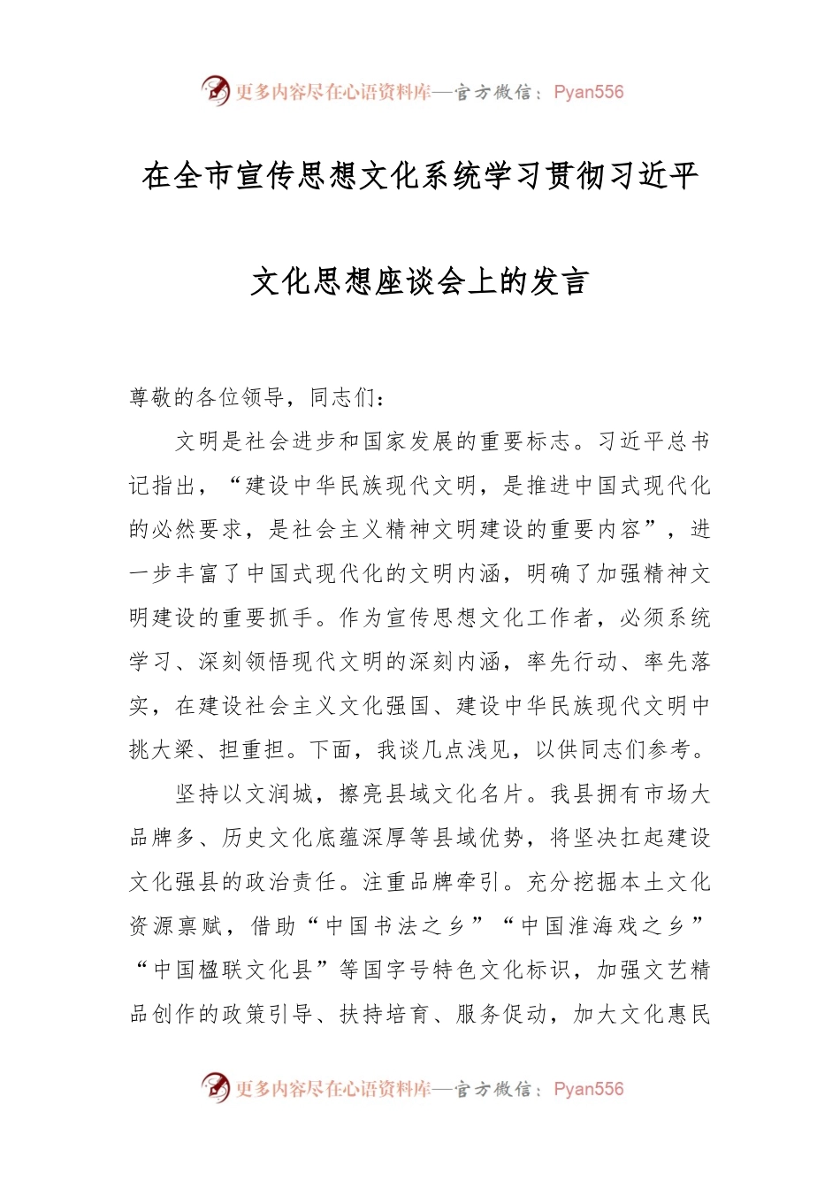 在全市宣传思想文化系统学习贯彻习近平文化思想座谈会上的发言.docx_第1页