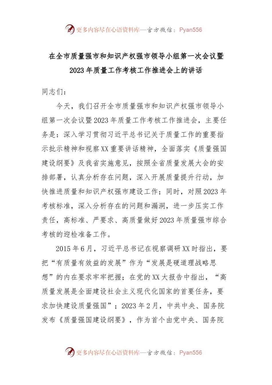 在全市质量强市和知识产权强市领导小组第一次会议暨2023年质量工作考核工作推进会上的讲话.docx_第1页