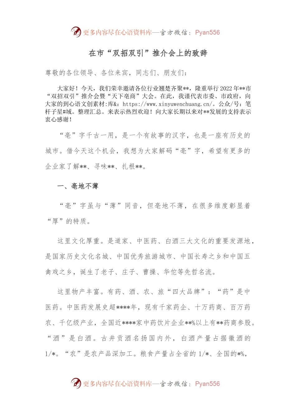 在市“双招双引”推介会上的致辞.docx_第1页