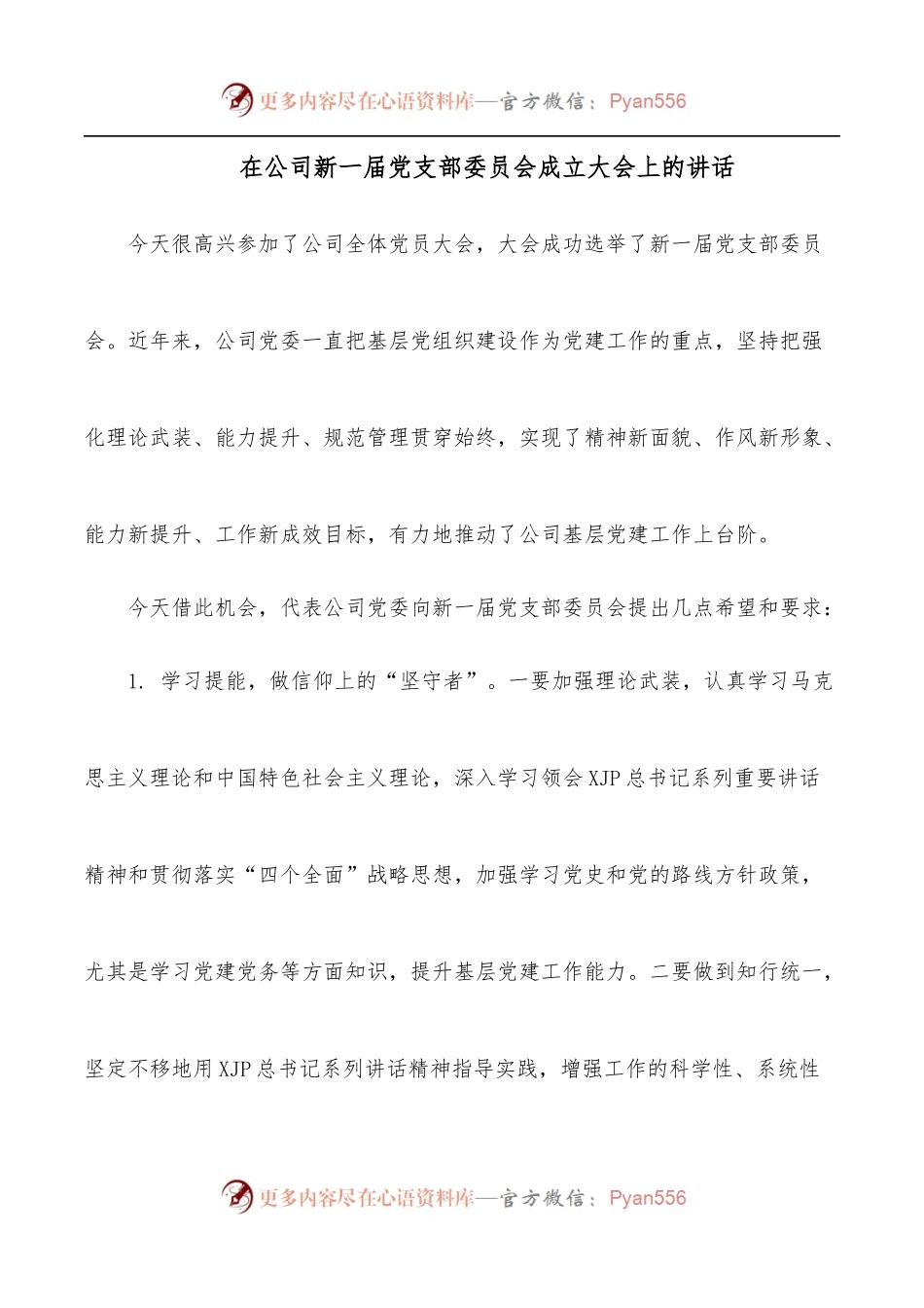 在公司新一届党支部委员会成立大会上的讲话.docx_第1页