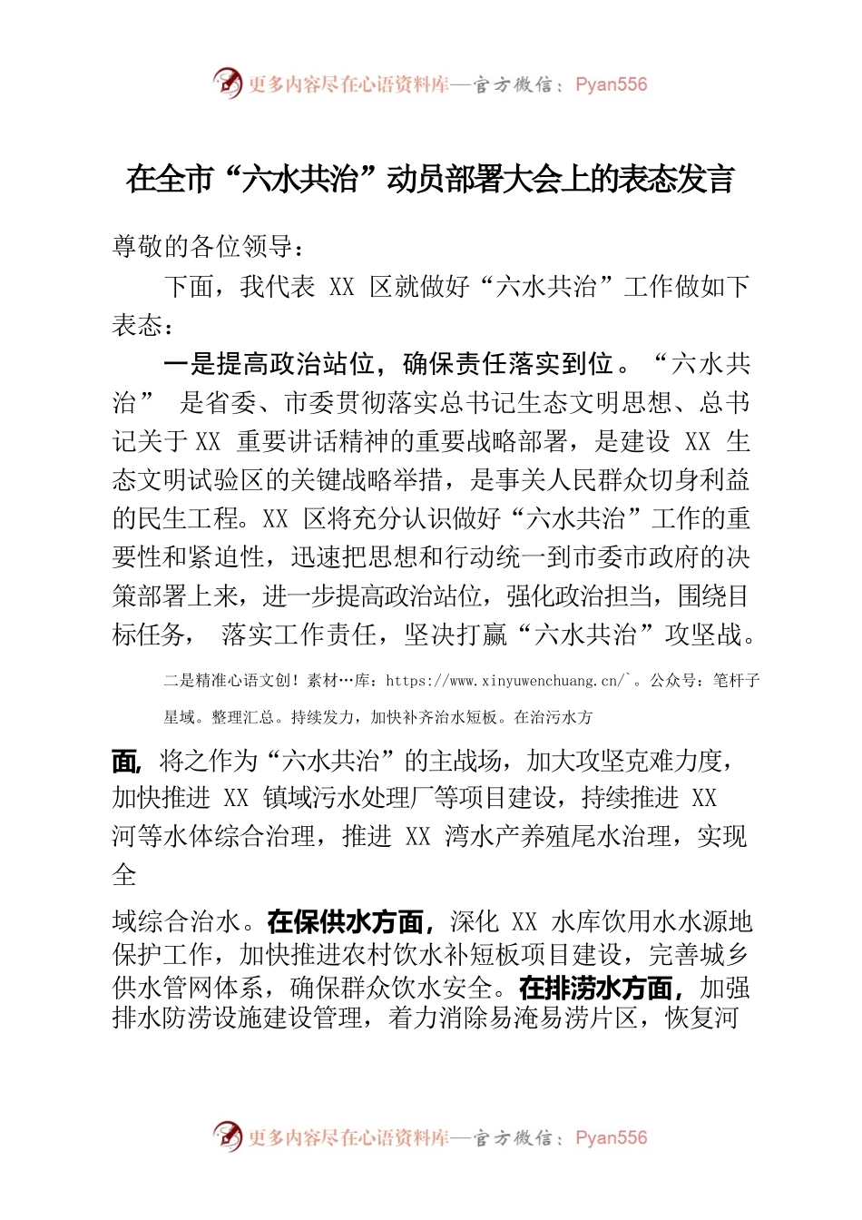 在全市“六水共治”动员部署大会上的表态发言.docx_第1页