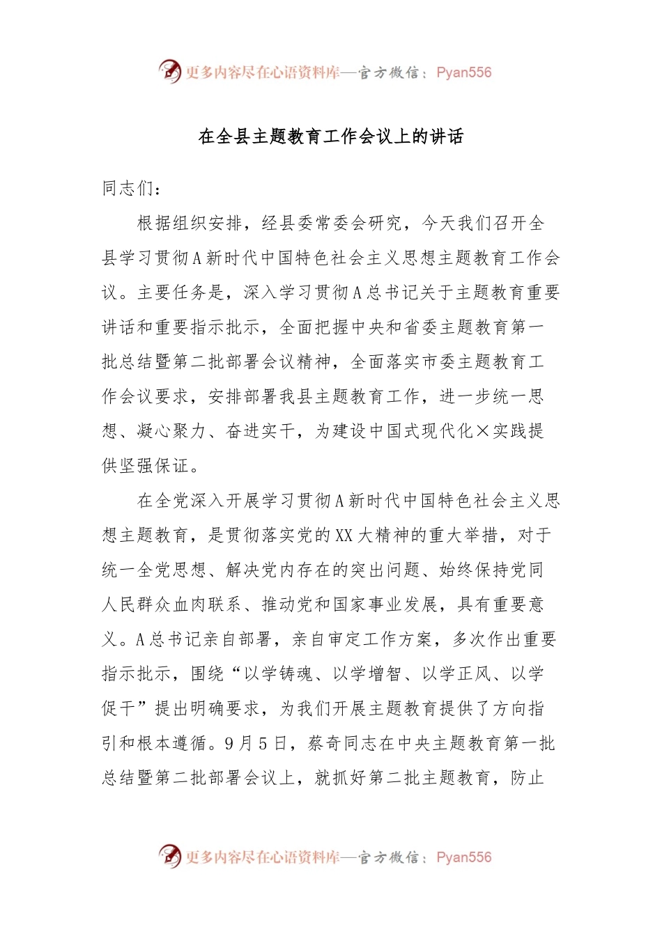 在全县主题教育工作会议上的讲话.docx_第1页