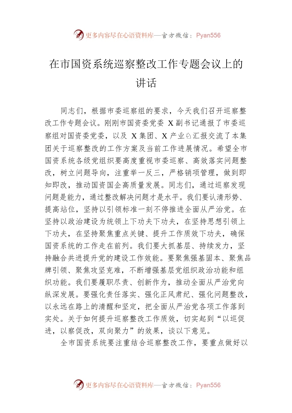 在市国资系统巡察整改工作专题会议上的讲话.docx_第1页