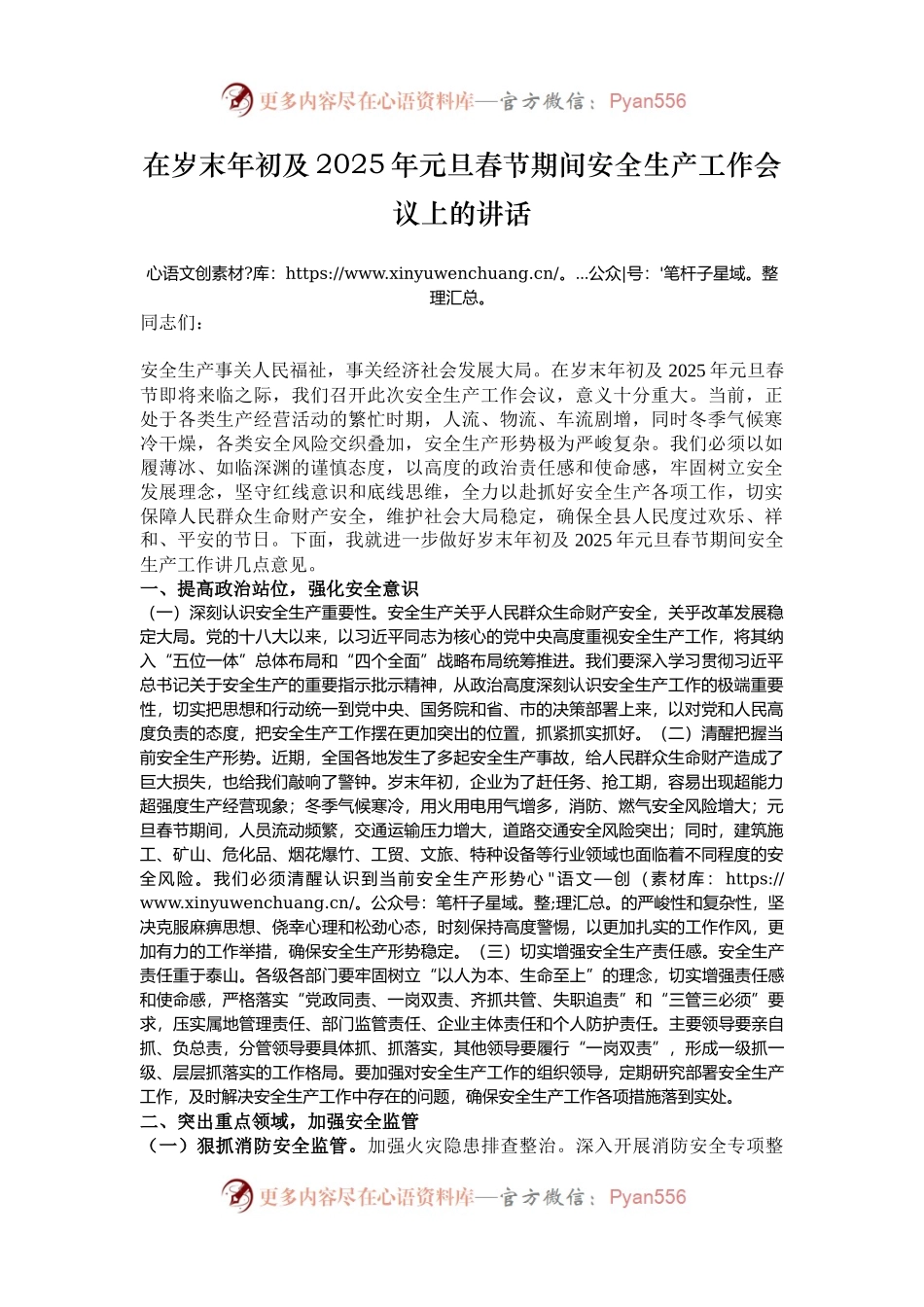 在岁末年初及2025年元旦春节期间安全生产工作会议上的讲话.docx_第1页