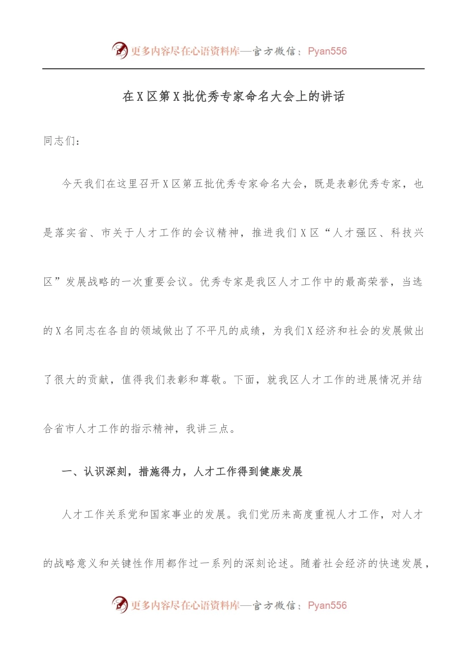 在X区第X批优秀专家命名大会上的讲话.docx_第1页