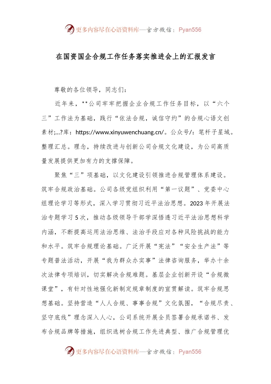 在国资国企合规工作任务落实推进会上的汇报发言.docx_第1页