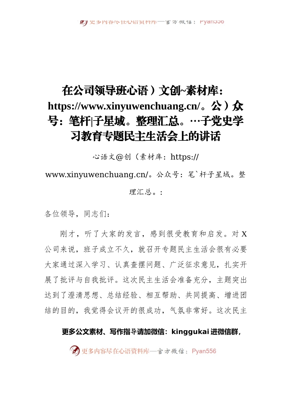 在公司领导班子党史学习教育专题民主生活会上的讲话.docx_第1页