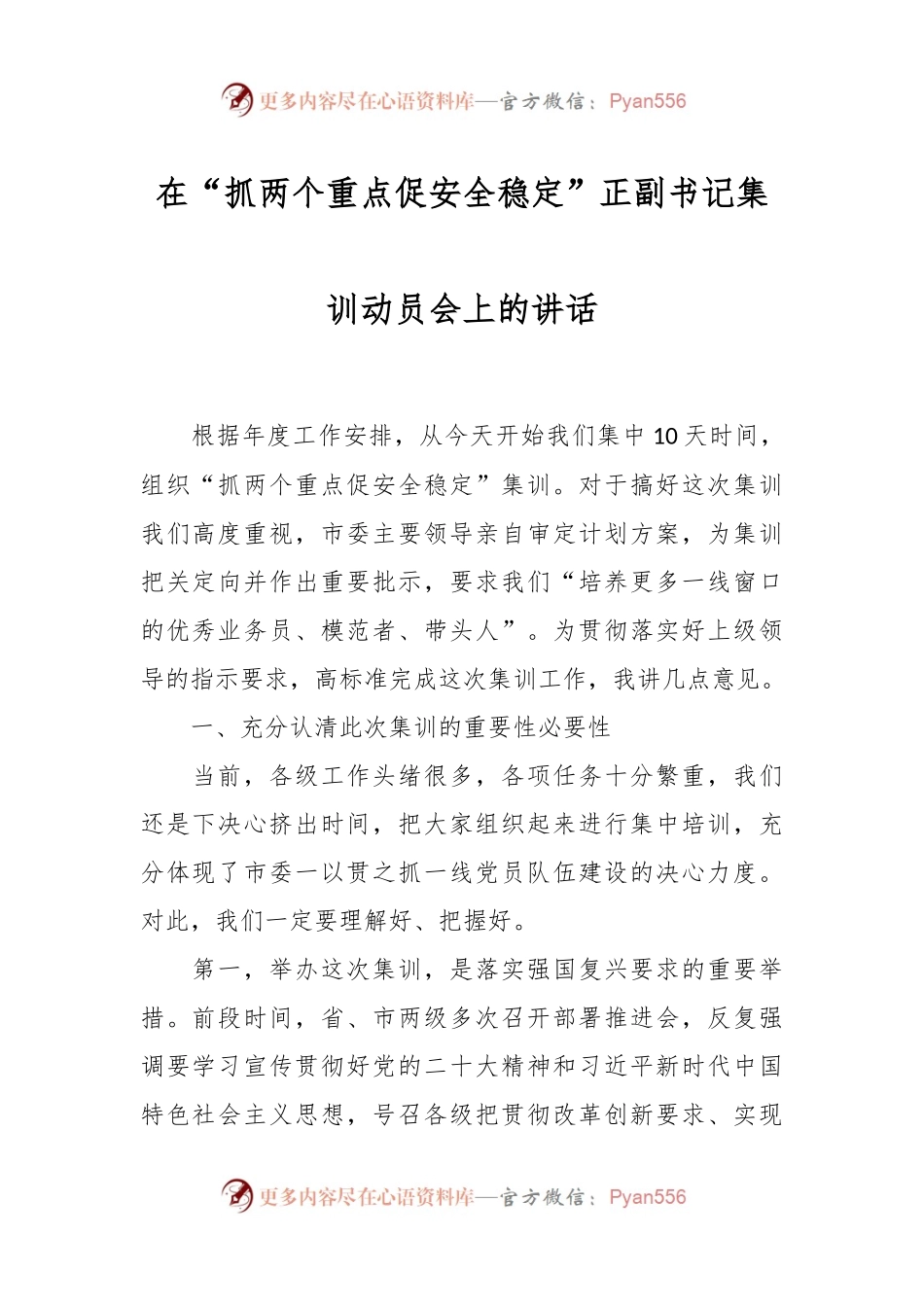 在“抓两个重点促安全稳定”正副书记集训动员会上的讲话.docx_第1页