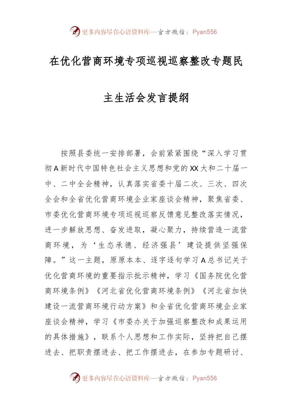 在优化营商环境专项巡视巡察整改专题民主生活会发言提纲.docx_第1页