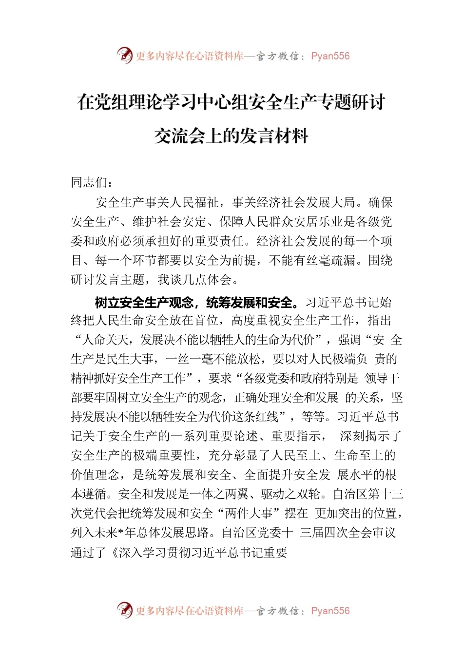 在党组理论学习中心组安全生产专题研讨交流会上的发言材料.docx_第1页