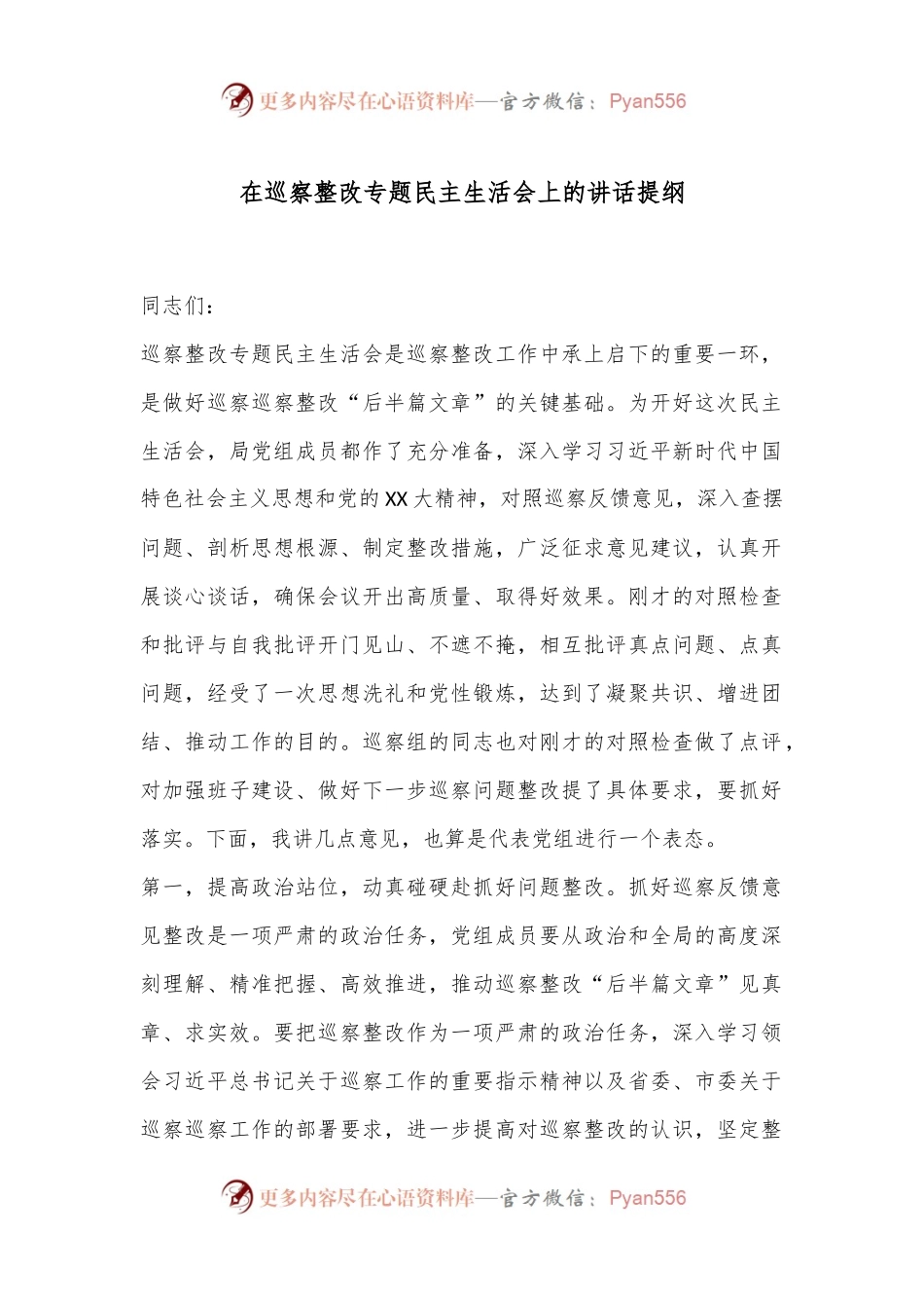 在巡察整改专题民主生活会上的讲话提纲.docx_第1页