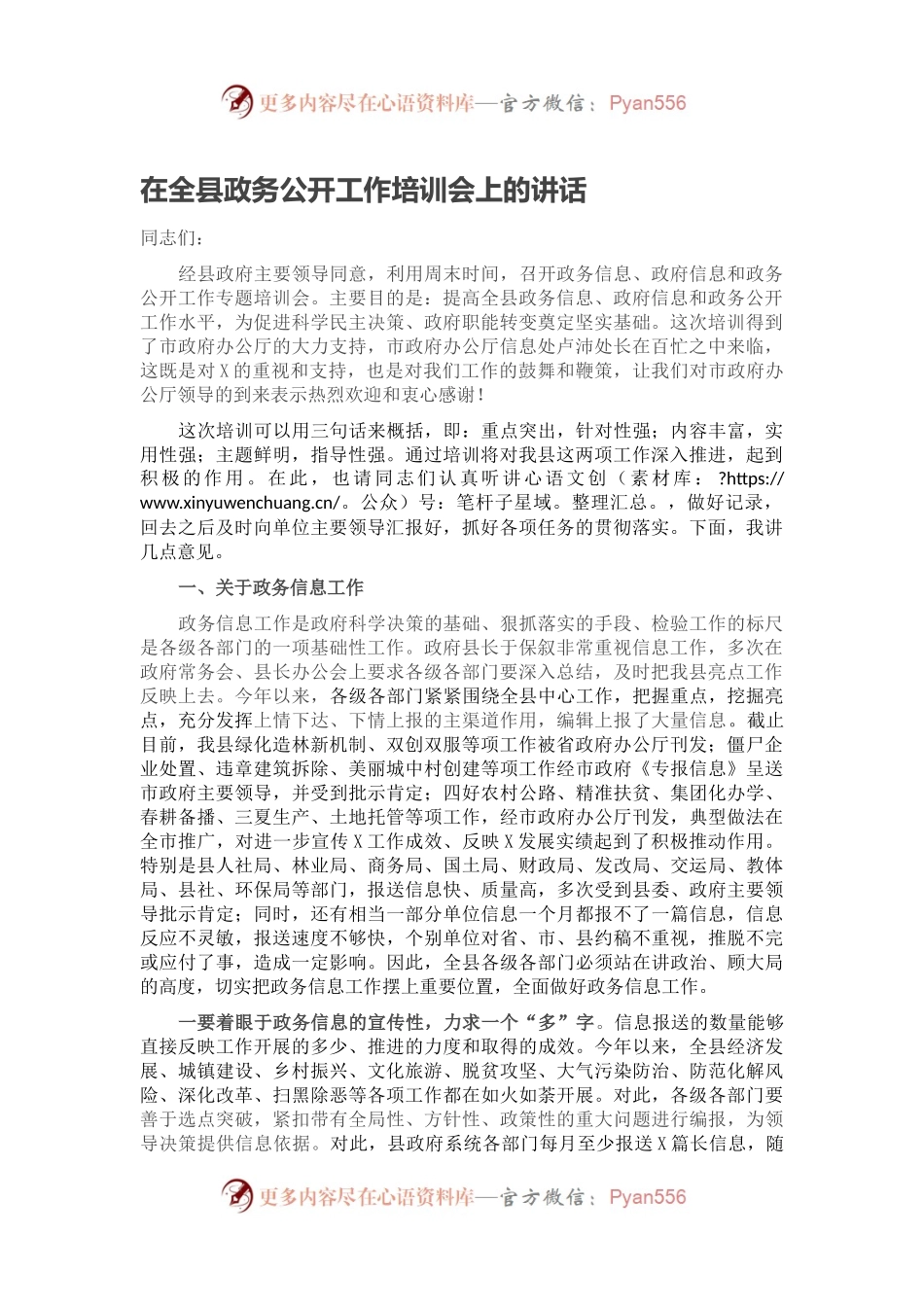 在全县政务公开工作培训会上的讲话.docx_第1页