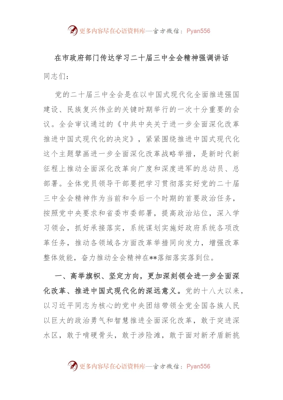 在市政府部门传达学习二十届三中全会精神强调讲话.docx_第1页