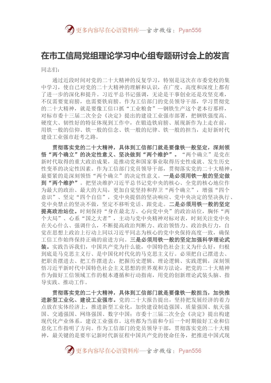 在市工信局党组理论学习中心组专题研讨会上的发言.docx_第1页