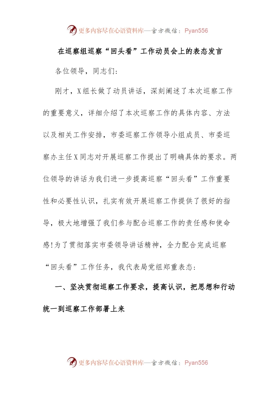 在巡察组巡察“回头看”工作动员会上的表态发言.docx_第1页