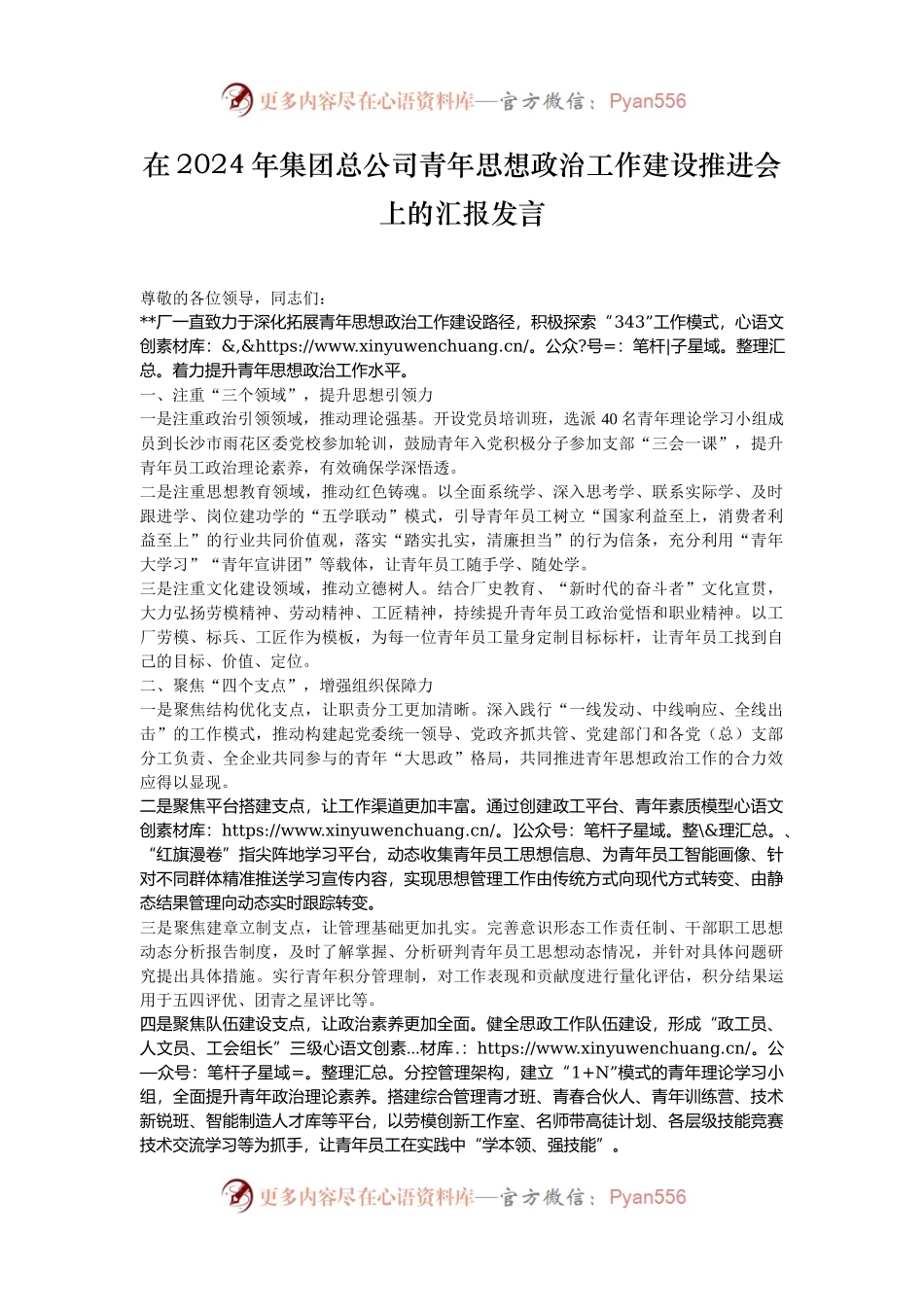 在2024年集团总公司青年思想政治工作建设推进会上的汇报发言.docx_第1页