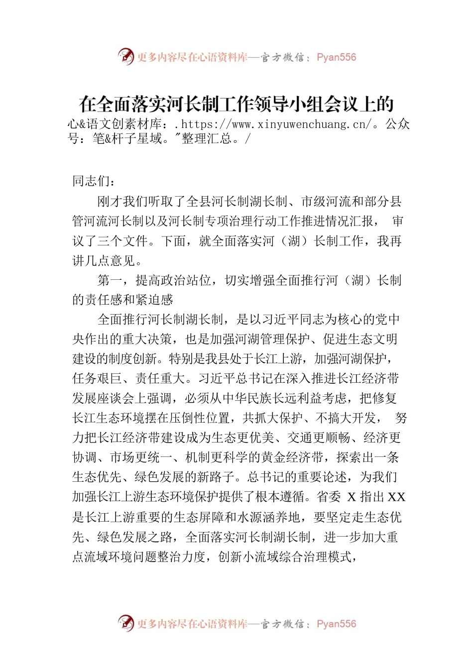在全面落实河长制工作领导小组会议上的讲话.docx_第1页