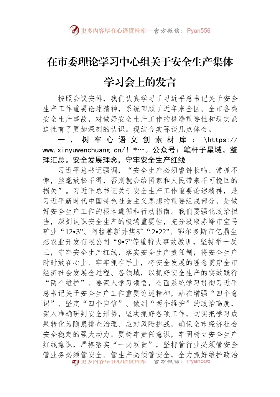 在市委理论学习中心组关于安全生产集体学习会上的发言稿.docx_第1页