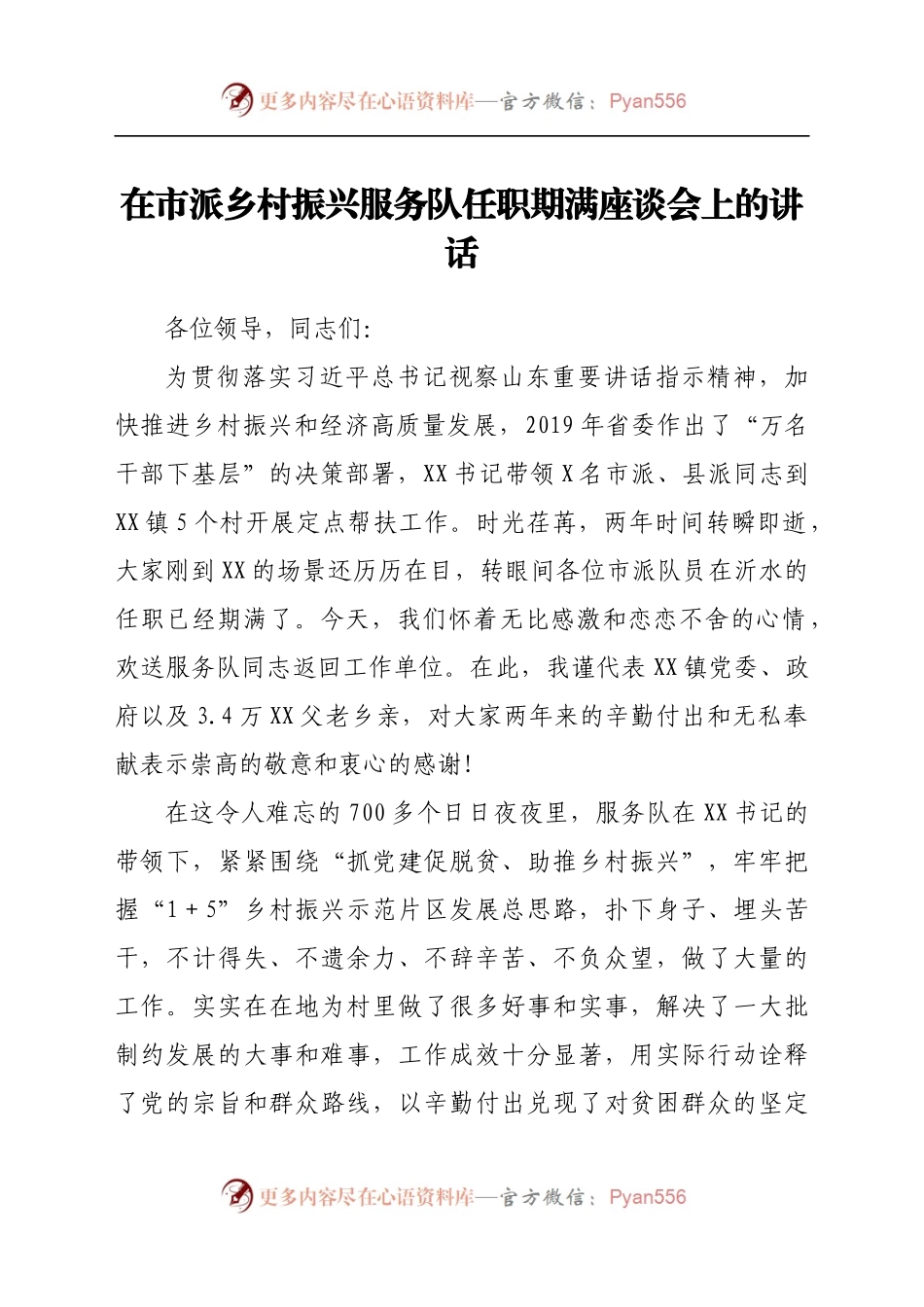 在市派乡村振兴服务队任职期满座谈会上的讲话.docx_第1页
