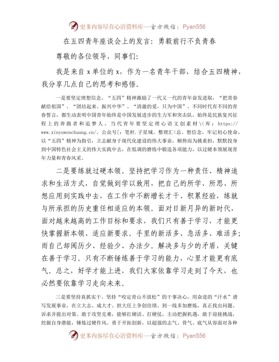 在五四青年座谈会上的发言：勇毅前行 不负青春.docx_第1页