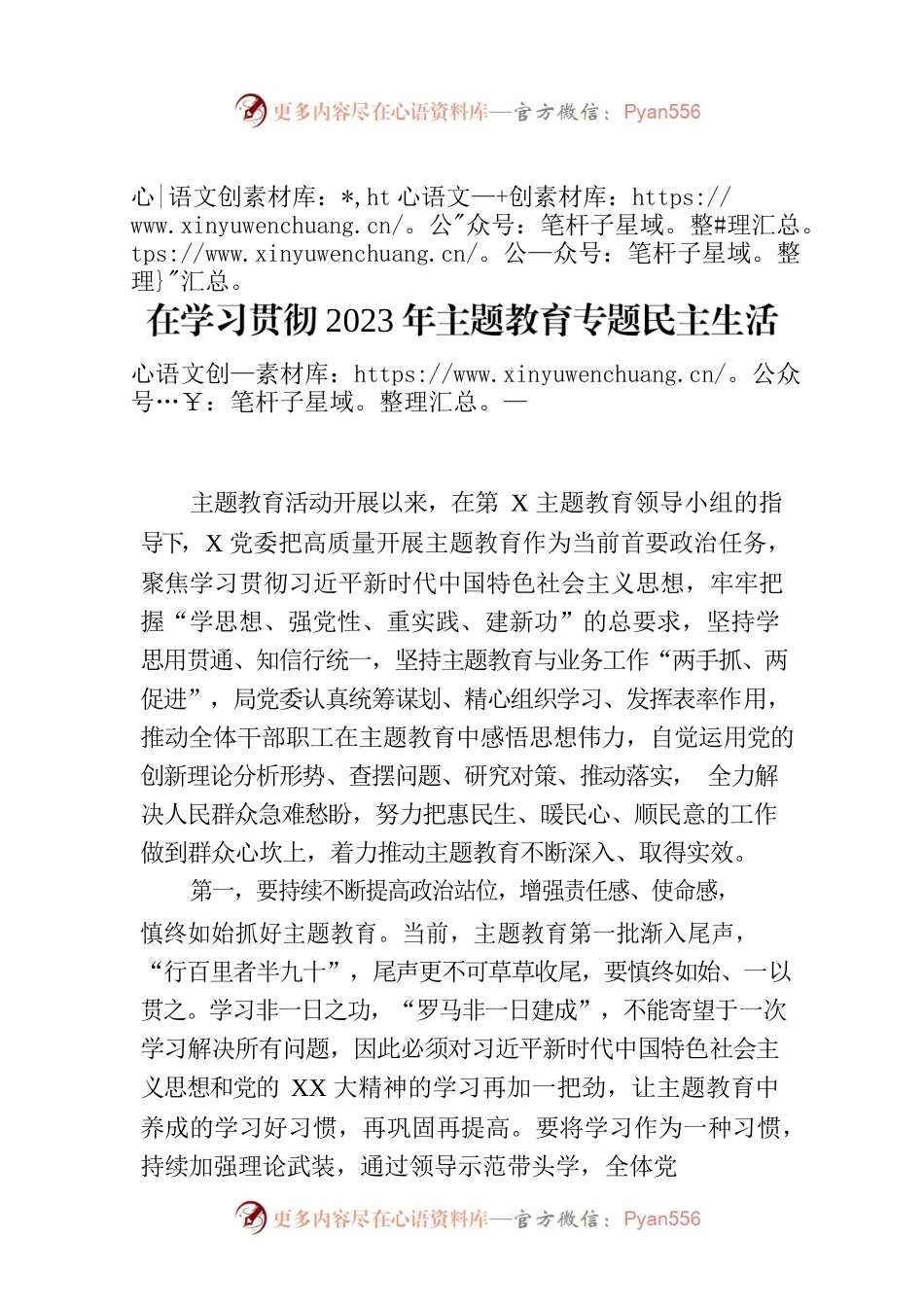 在学习贯彻2023年主题教育专题民主生活会会前集中学习会上的讲话提纲.docx_第1页