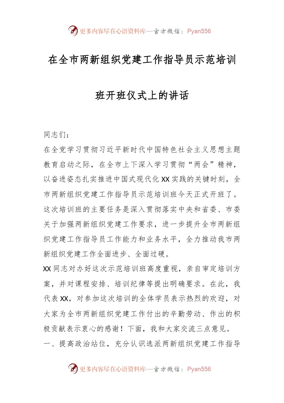 在全市两新组织党建工作指导员示范培训班开班仪式上的讲话.docx_第1页