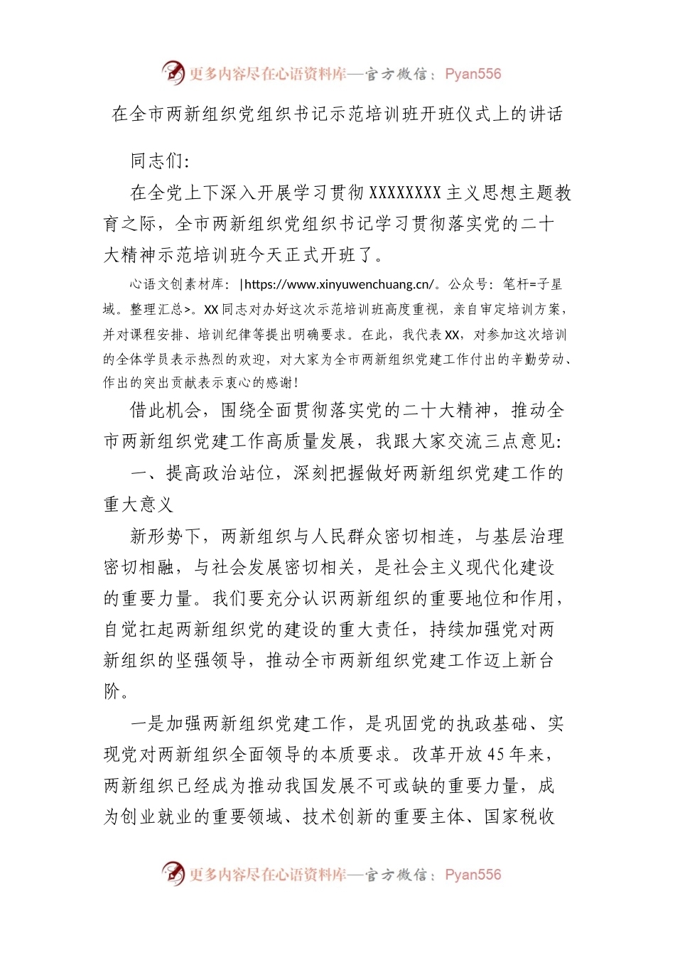 在全市两新组织党组织书记示范培训班开班仪式上的讲话.docx_第1页