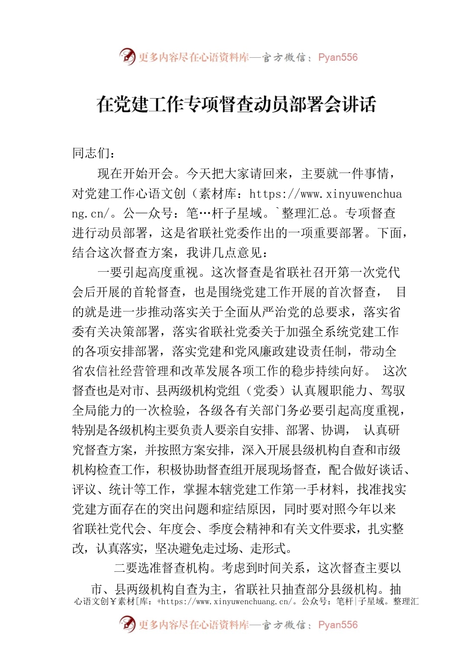 在党建工作专项督查动员部署会讲话.docx_第1页