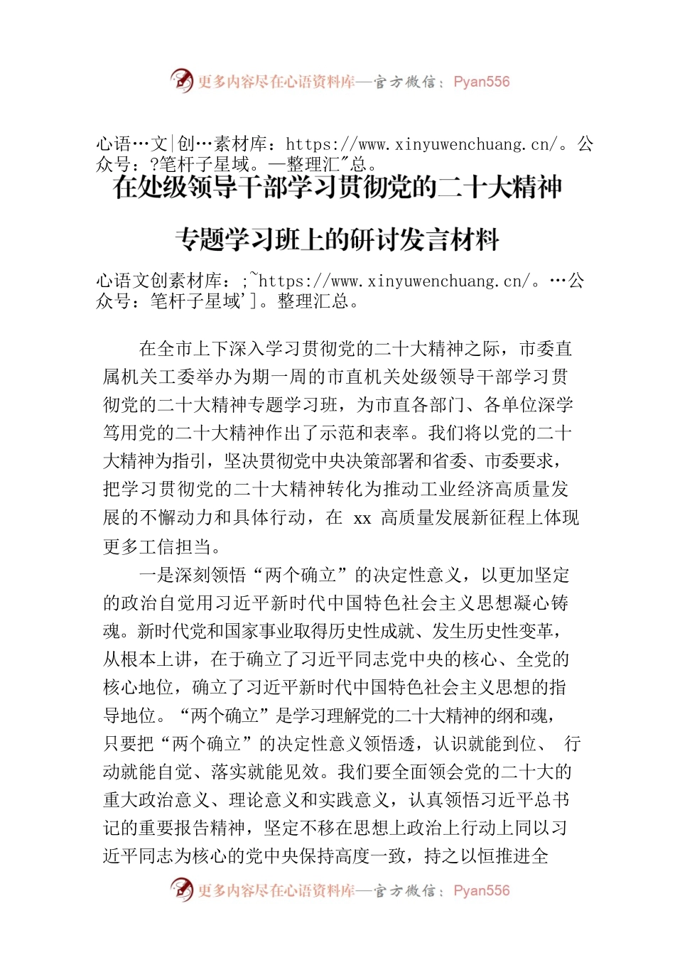 在处级领导干部学习贯彻党的二十大精神专题学习班上的研讨发言材料.docx_第1页