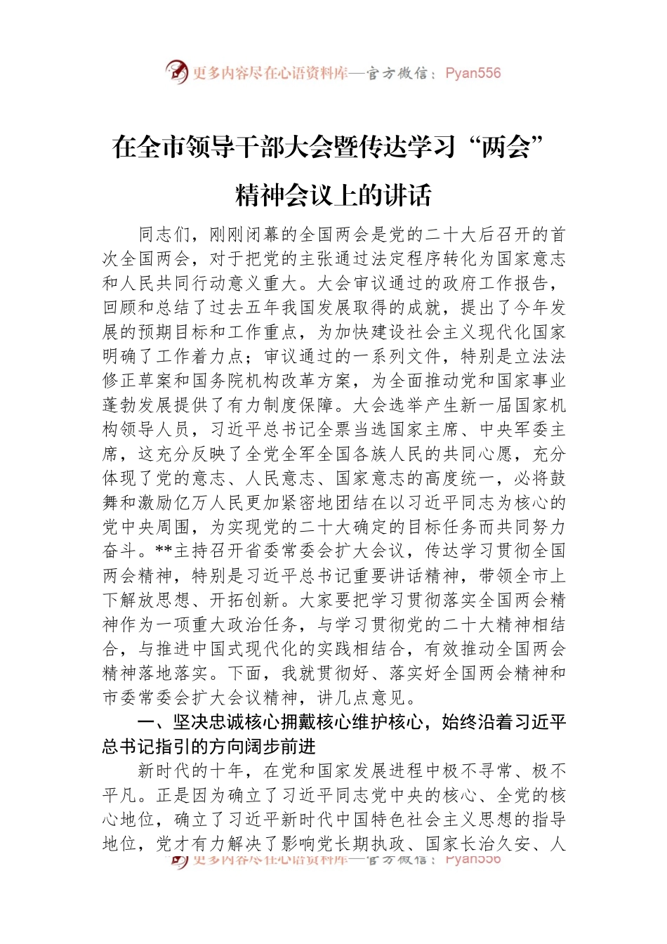 在全市领导干部大会暨传达学习2023年“两会”精神会议上的讲话.docx_第1页