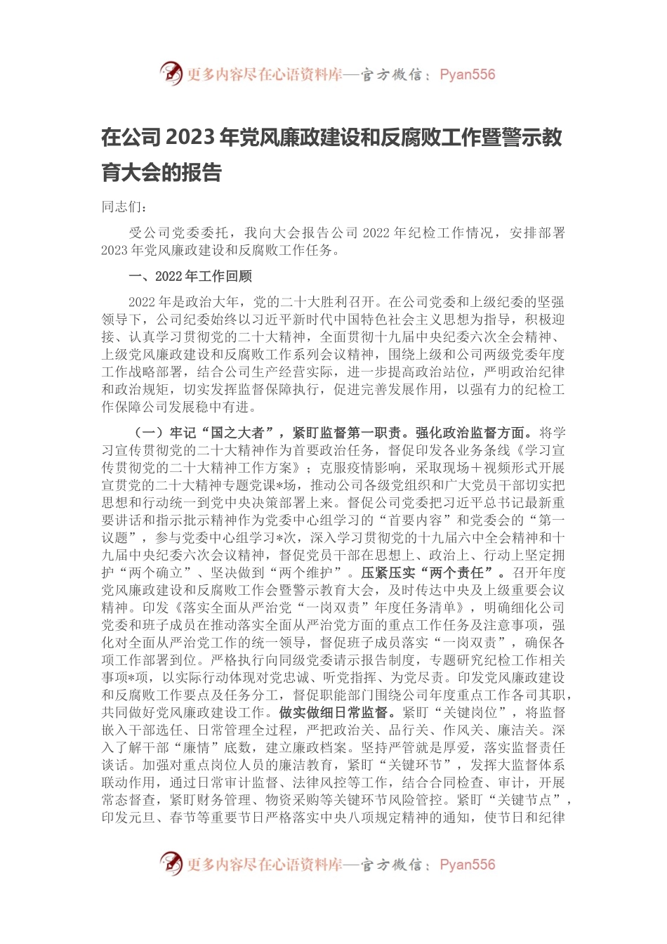 在公司2023年党风廉政建设和反腐败工作暨警示教育大会的报告.docx_第1页
